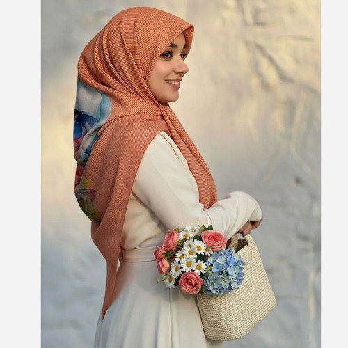 روسری نخی قواره بزرگ طرح چتر و گل نارنجی زنانه | شیک و خاص