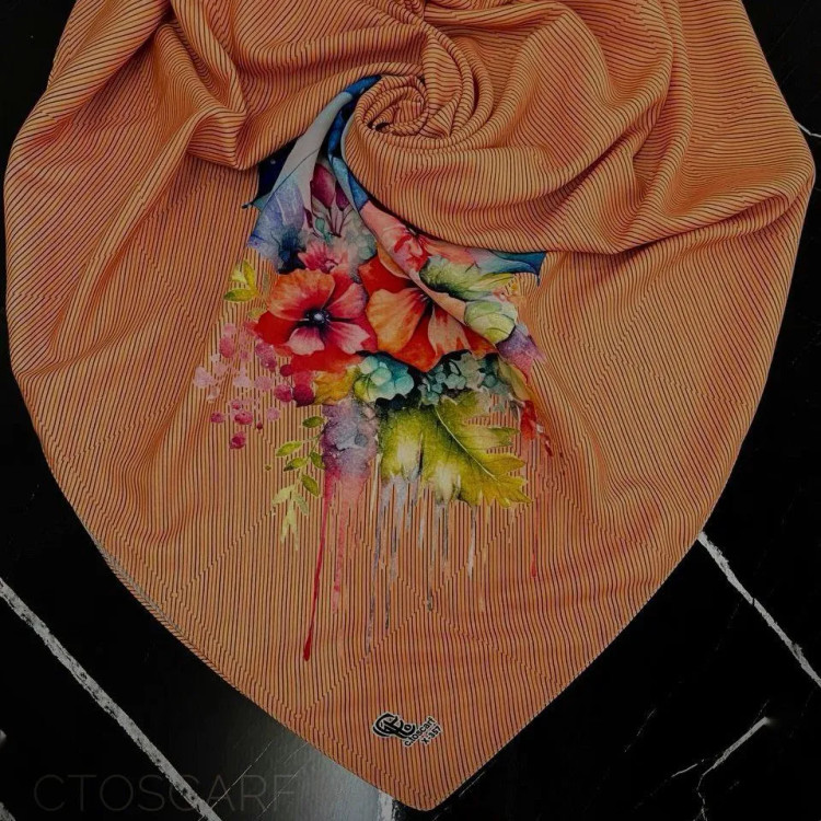 روسری نخی قواره بزرگ طرح چتر و گل نارنجی زنانه | شیک و خاص