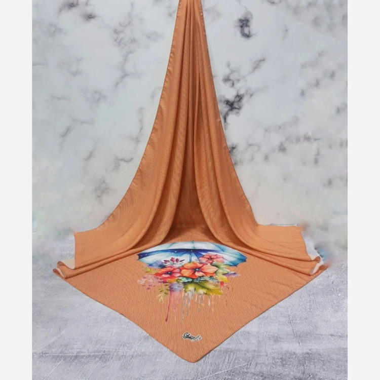 روسری نخی قواره بزرگ طرح چتر و گل نارنجی زنانه | شیک و خاص
