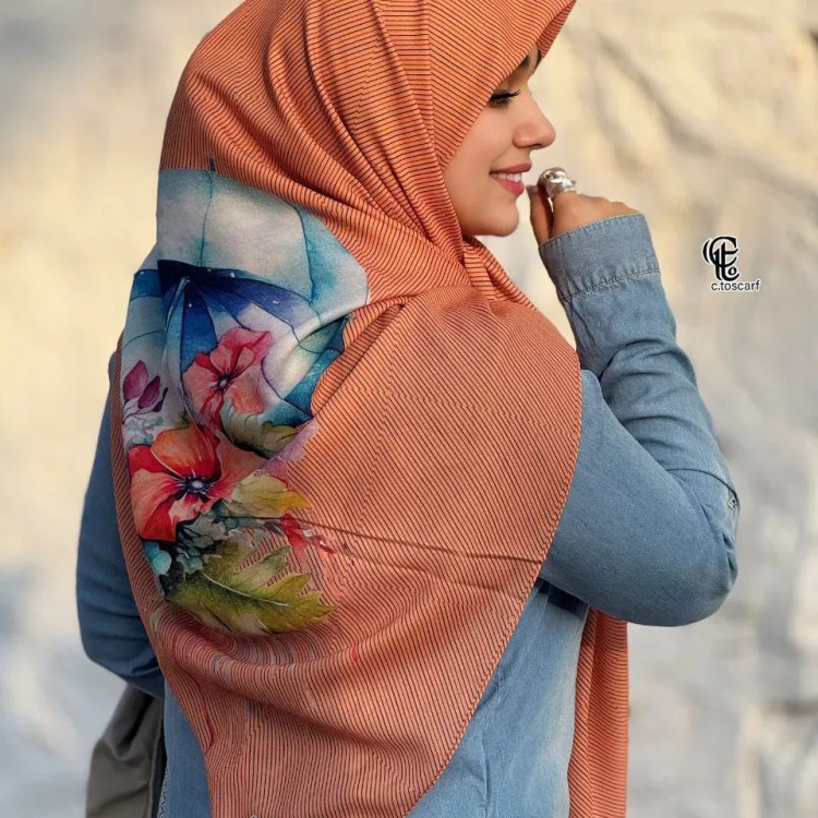 روسری نخی قواره بزرگ طرح چتر و گل نارنجی زنانه | شیک و خاص