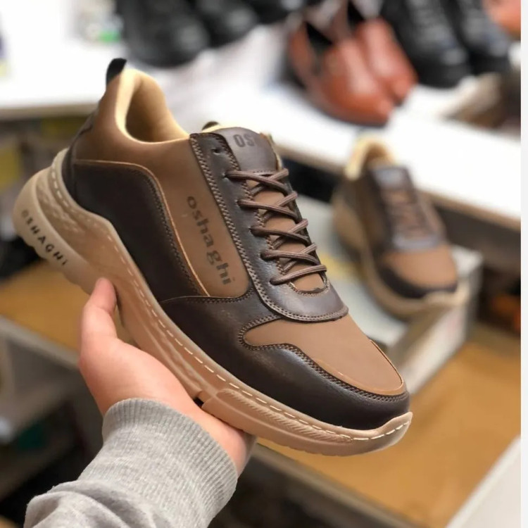 کفش اسپرت مردانه چرم صنعتی قهوه ای روشن و تیره مدل OSHAGHI کد 101