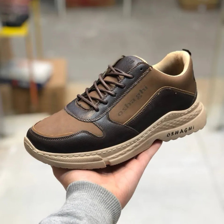 کفش اسپرت مردانه چرم صنعتی قهوه ای روشن و تیره مدل OSHAGHI کد 101