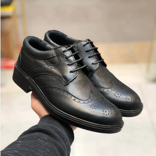 کفش مجلسی مردانه چرم طبیعی مشکی آستر بزی زیره پیو طبی