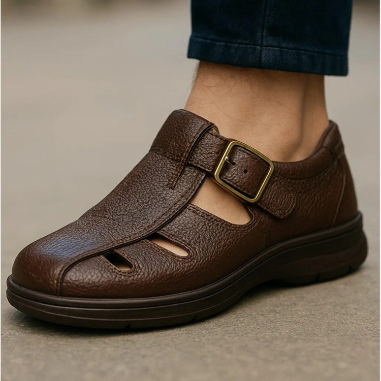 کفش مردانه چرم طبیعی بند سگکی پیاده روی و روزمره راحت شیک بادوام