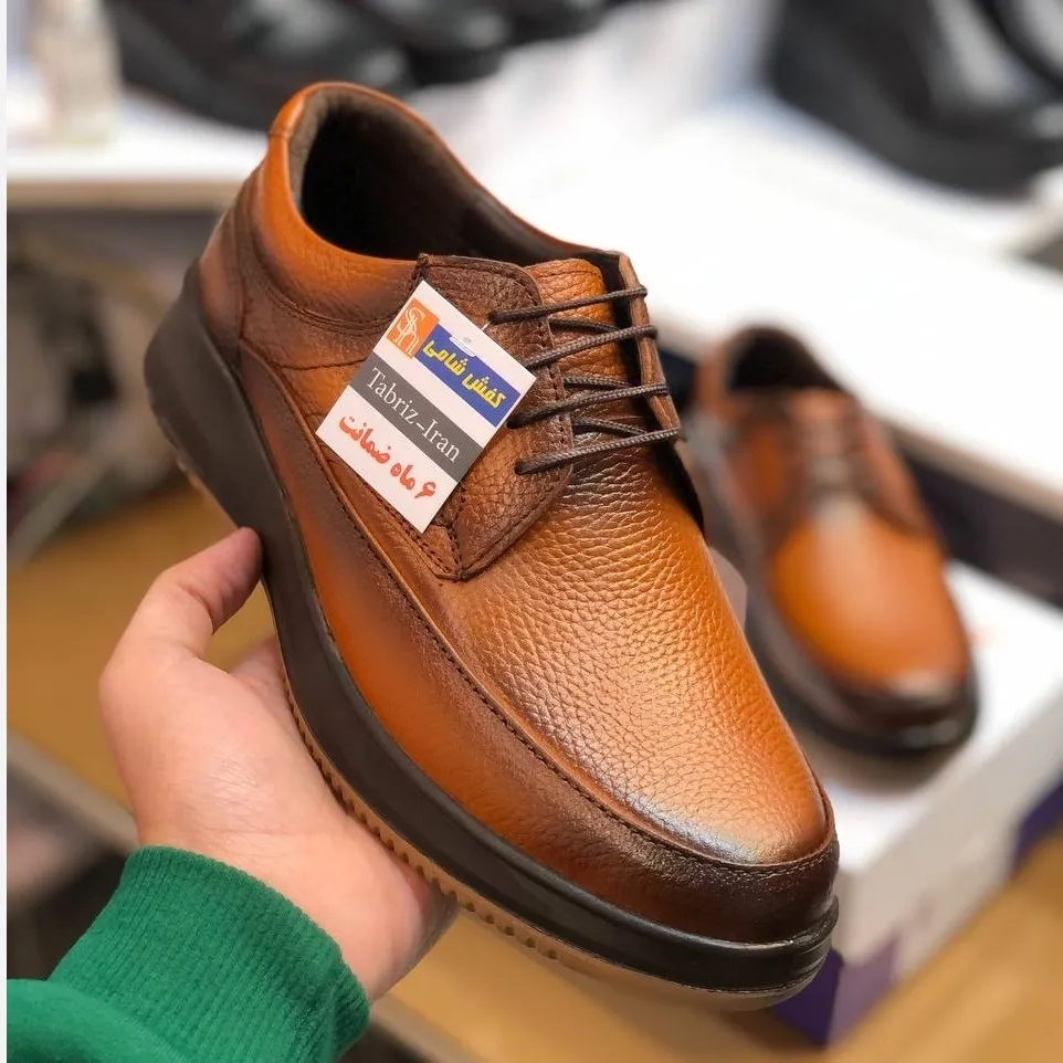 کفش مردانه چرم طبیعی شامی بندی عسلی راحت و اداری مناسب پنجه پهن