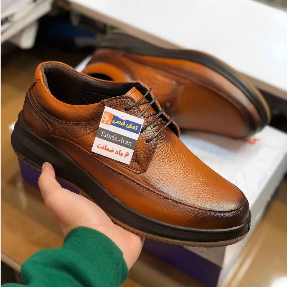 کفش مردانه چرم طبیعی شامی بندی عسلی راحت و اداری مناسب پنجه پهن