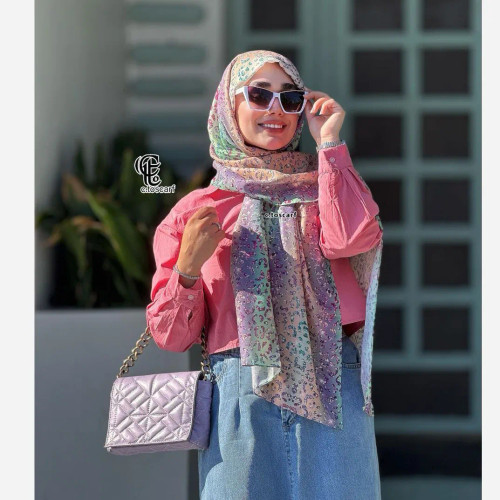 شال طرح پلنگی زنانه سایز بزرگ نخ کاستوم گلبهی 200*70