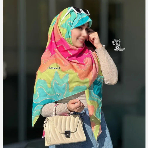 روسری طرح درسا قواره بزرگ دور چرخ دوز مزونی رنگی شاد و پرانرژی