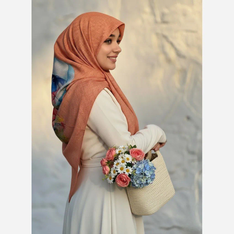 روسری نخی قواره بزرگ طرح چتر و گل نارنجی | شیک و خاص
