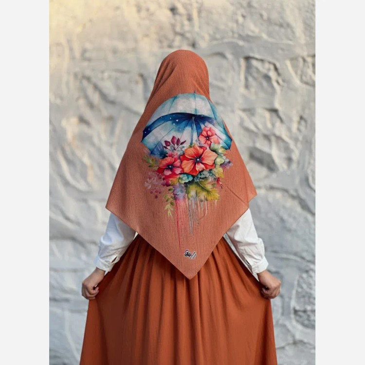 روسری نخی قواره بزرگ طرح چتر و گل نارنجی | شیک و خاص