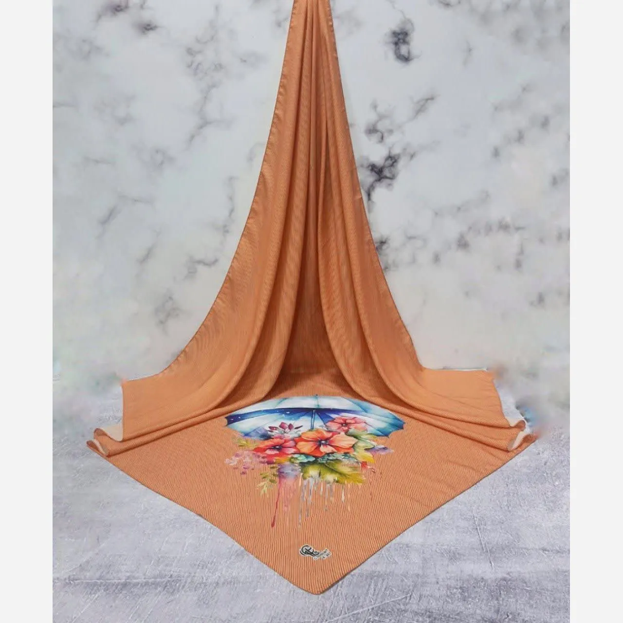 روسری نخی قواره بزرگ طرح چتر و گل نارنجی | شیک و خاص