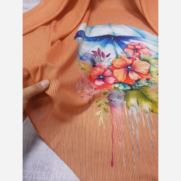 روسری نخی قواره بزرگ طرح چتر و گل نارنجی | شیک و خاص