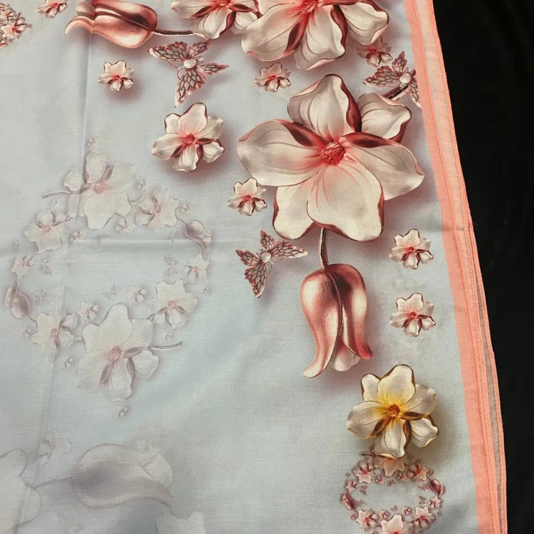 شال و روسری نخی زنانه طرح گل و پروانه قواره بزرگ 140 سانتی متر رنگ آبی صورتی