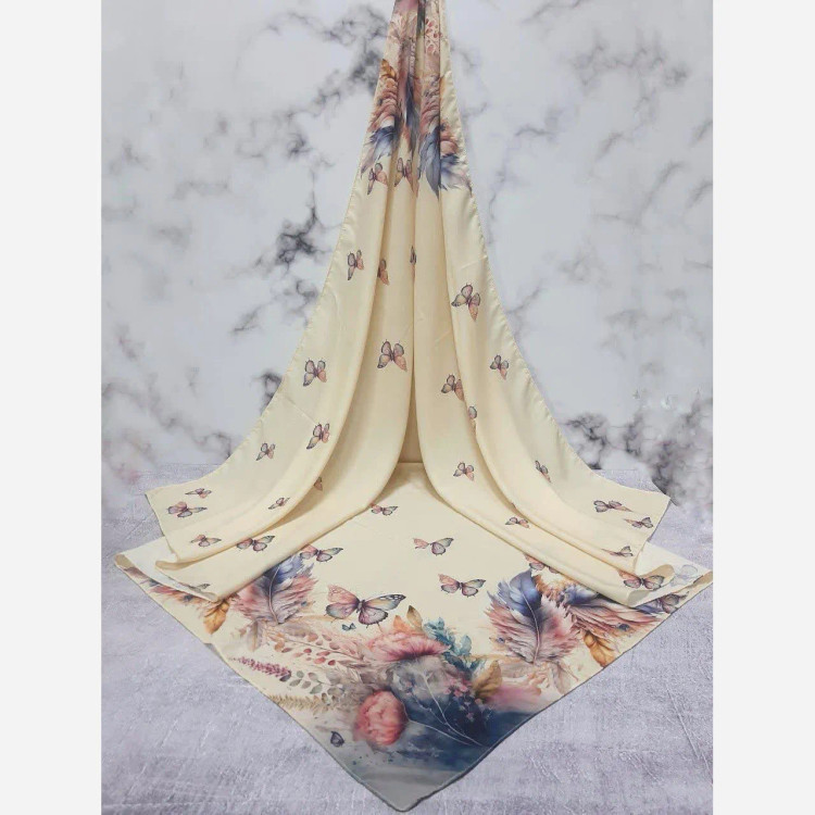 روسری طرح پردیس با طرح پروانه و پر، جنس نخ کاستوم، سایز متوسط