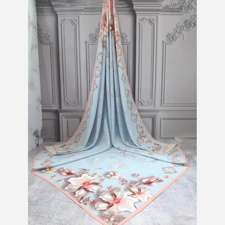 شال و روسری نخی زنانه طرح گل و پروانه قواره بزرگ 140 سانتی متر رنگ آبی صورتی