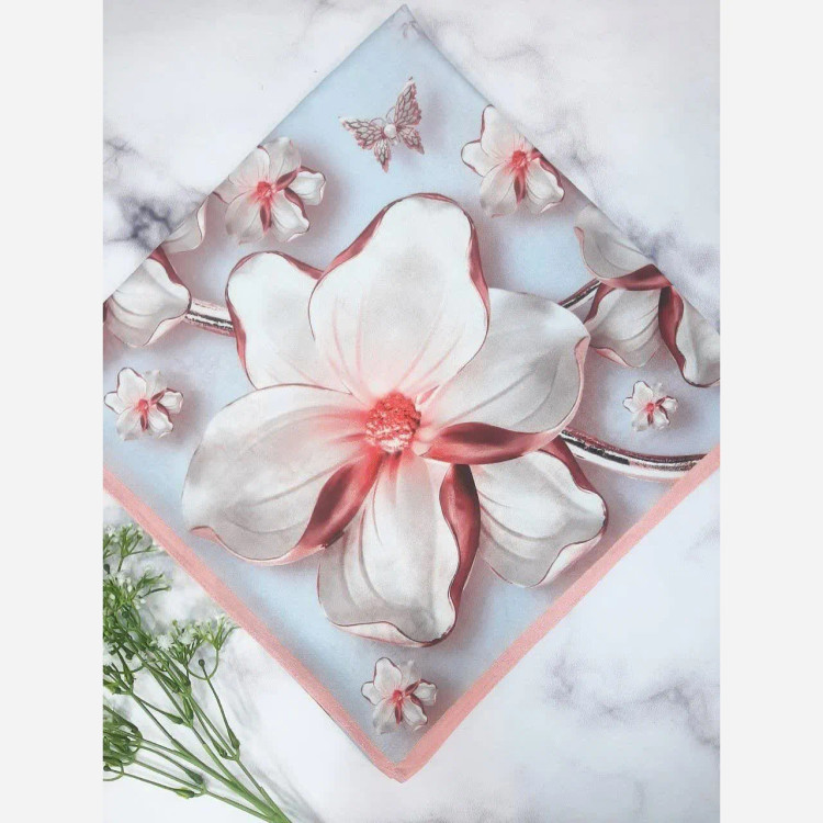 شال و روسری نخی زنانه طرح گل و پروانه قواره بزرگ 140 سانتی متر رنگ آبی صورتی