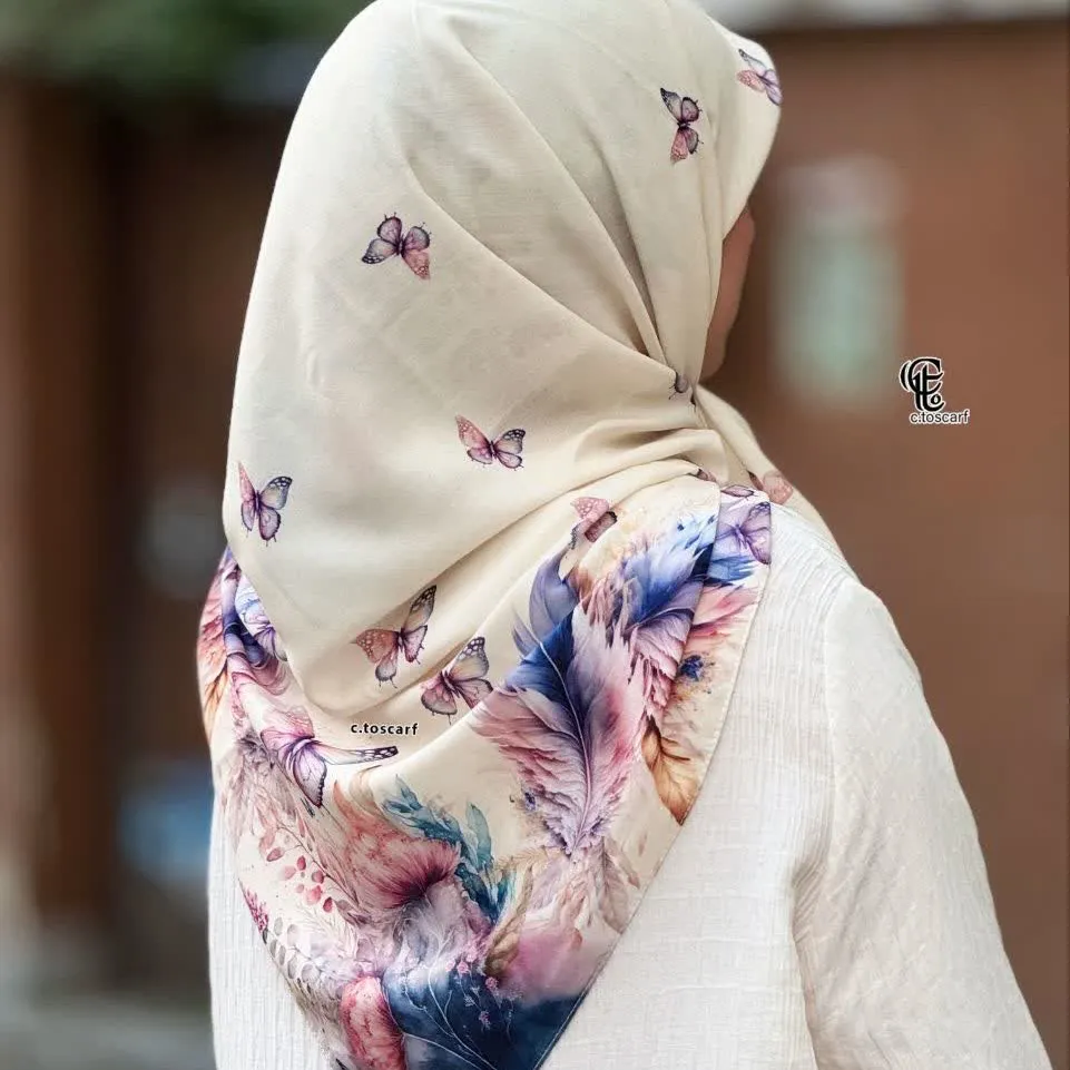 روسری طرح پردیس سایز 140، جنس نخ کاستوم، طرح پروانه و پر، چرخ دوز، شال و روسری زنانه