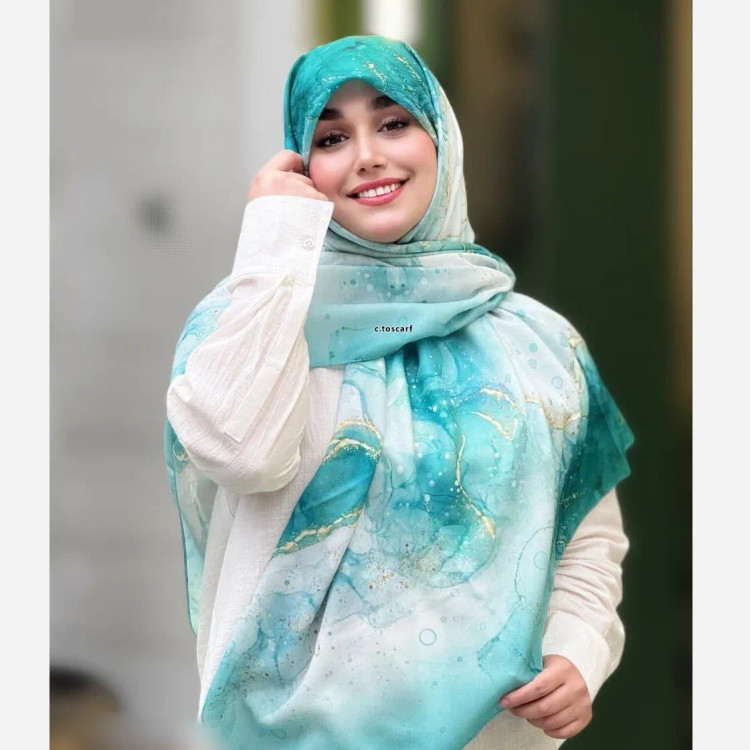 روسری نخی طرح رزیتا سایز 140 - طرح فیروزه ای و آبی شیک - بدون سُرخوردگی