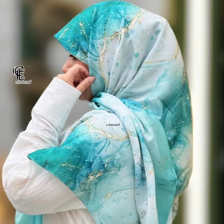 روسری نخی طرح رزیتا سایز 140 - طرح فیروزه ای و آبی شیک - بدون سُرخوردگی