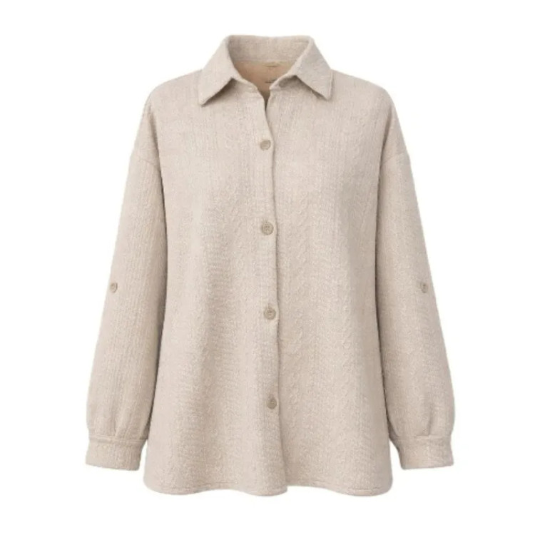 شومیز زنانه آستین بلند یقه هفت دکمهدار طرحدار کرم پنبه دورو مناسب پاییز و بهار