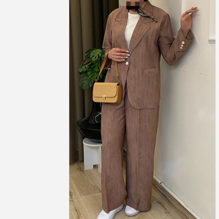 کت و شلوار زنانه شانتون گازوئیلی قهوه ای موکا آستر دوزی شده سایز 38 تا 42