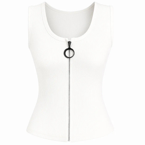 کراپ زنانه زیپدار کبریتی سفید یقه گرد آستین حلقه ای