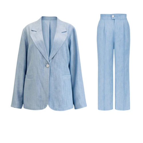 کت و شلوار زنانه شیک آبی مزون دوز جنس شانتون مناسب مجالس و استایل روز