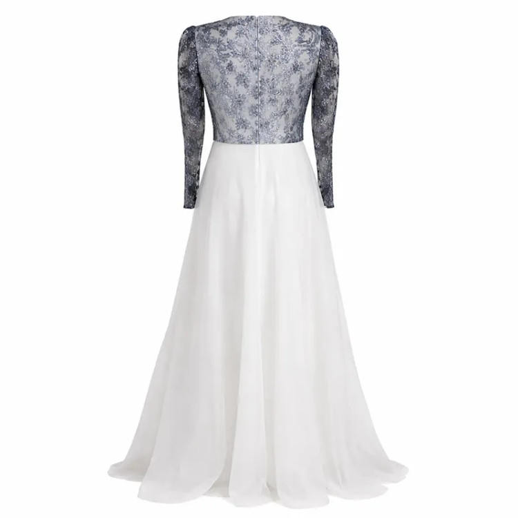 پیراهن مجلسی زنانه حریر گیپور آستین بلند یقه هفت زیر زانو جذب