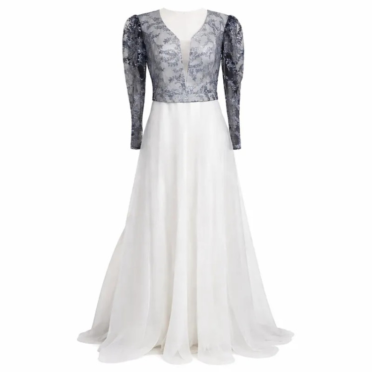 پیراهن مجلسی زنانه حریر گیپور آستین بلند یقه هفت زیر زانو جذب