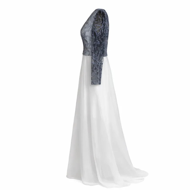 پیراهن مجلسی زنانه حریر گیپور آستین بلند یقه هفت زیر زانو جذب