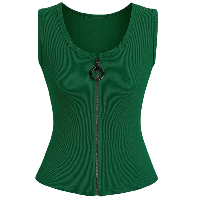 تاپ زنانه یقه گرد زیپ دار بدون آستین طرح ساده مناسب روزمره و مهمانی