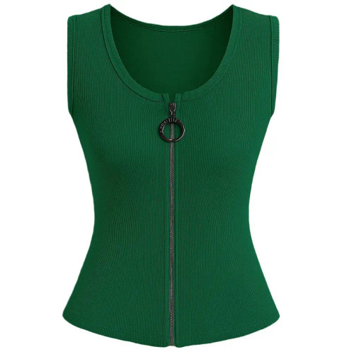 تاپ زنانه یقه گرد زیپ دار بدون آستین طرح ساده مناسب روزمره و مهمانی