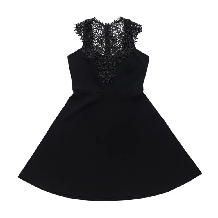 پیراهن مجلسی زنانه مشکی آستین حلقه ای یقه گرد گیپور قد روی زانو