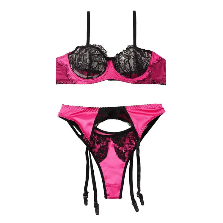 ست لباس زیر زنانه فانتزی گیپور و ساتن بکلس فنردار کاپ B