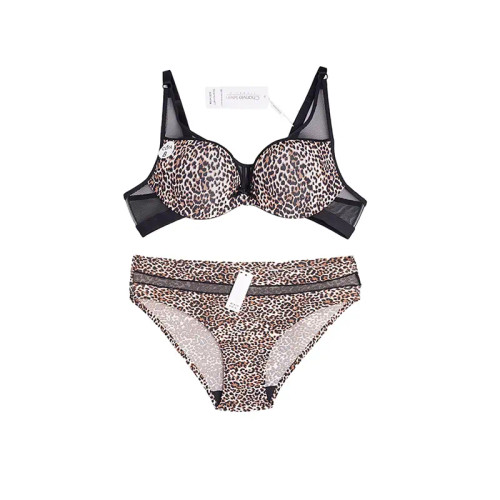 ست لباس زیر زنانه طرح پلنگی، فنردار، جک دار، کاپ B، تور و میکروفایبر