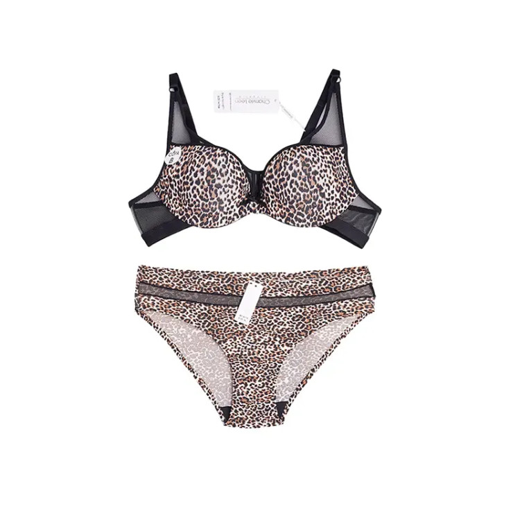 ست لباس زیر زنانه طرح پلنگی، فنردار، جک دار، کاپ B، تور و میکروفایبر