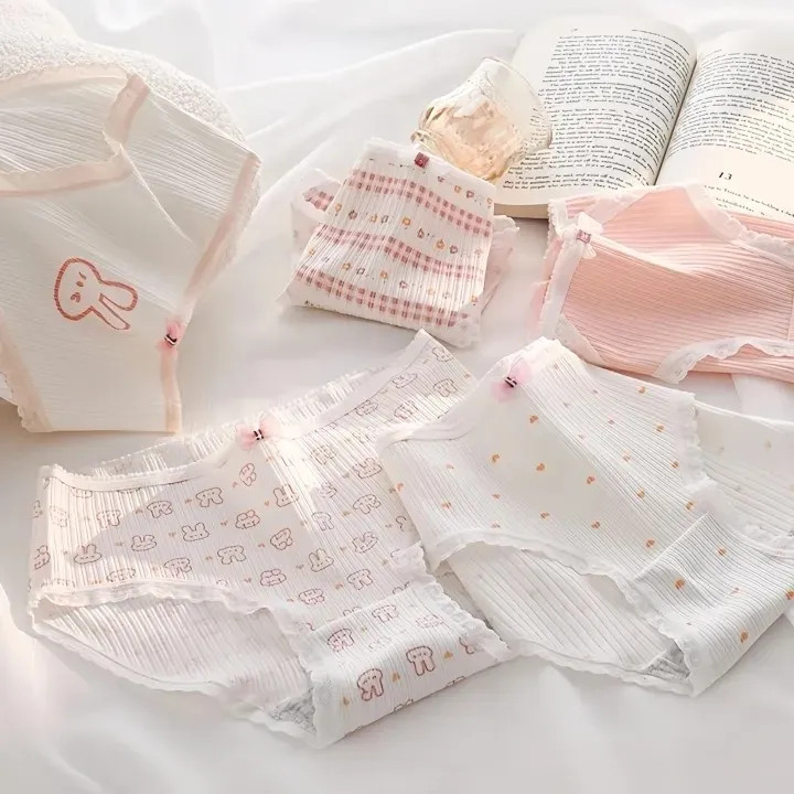 شورت زنانه عروسکی کبریتی تمام نخ پک پنجتایی طرح خرگوش و قلب راحت و خنک