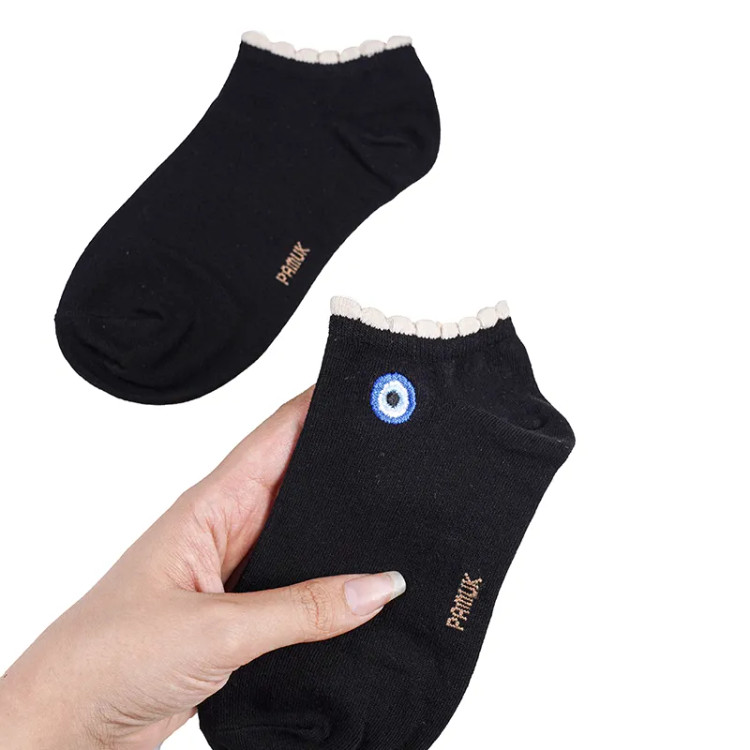 جوراب زنانه نخی فری سایز طرح چشم نظر مشکی مچی